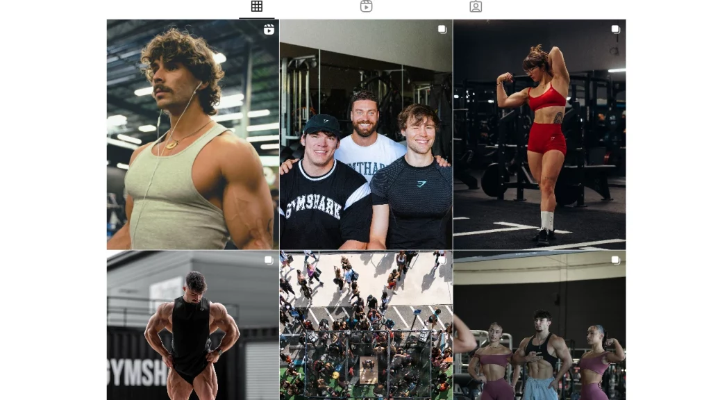 Gymshark's Instagram feed showcases fitness influencers. 