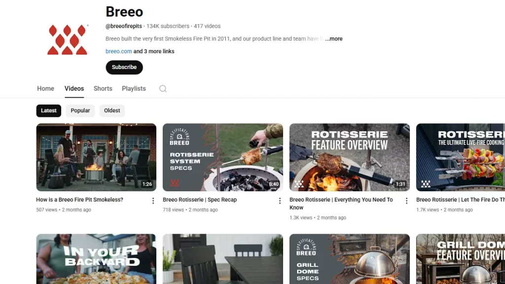 Breeo's YouTube page displays how-to guide videos. 