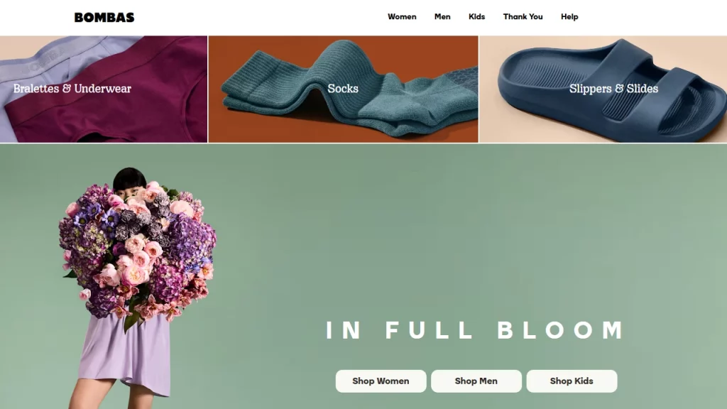 Homepage of Bombas, a Shopify Plus website.