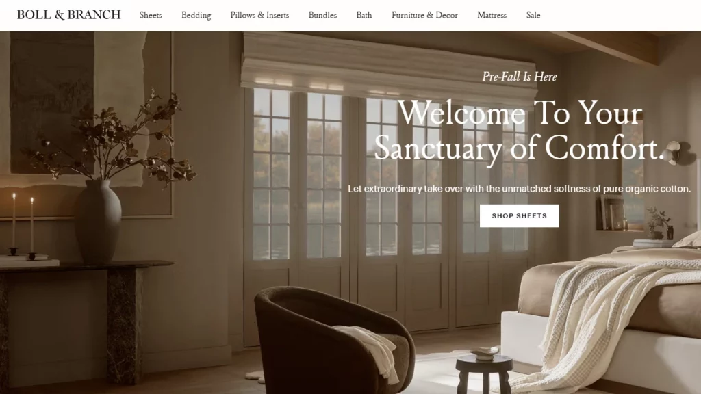 Homepage of Boll & Branch, one of the Shopify Plus websites. 