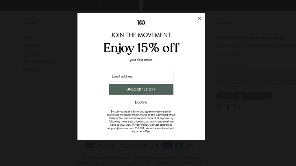 The design of a website pop up from Tentree