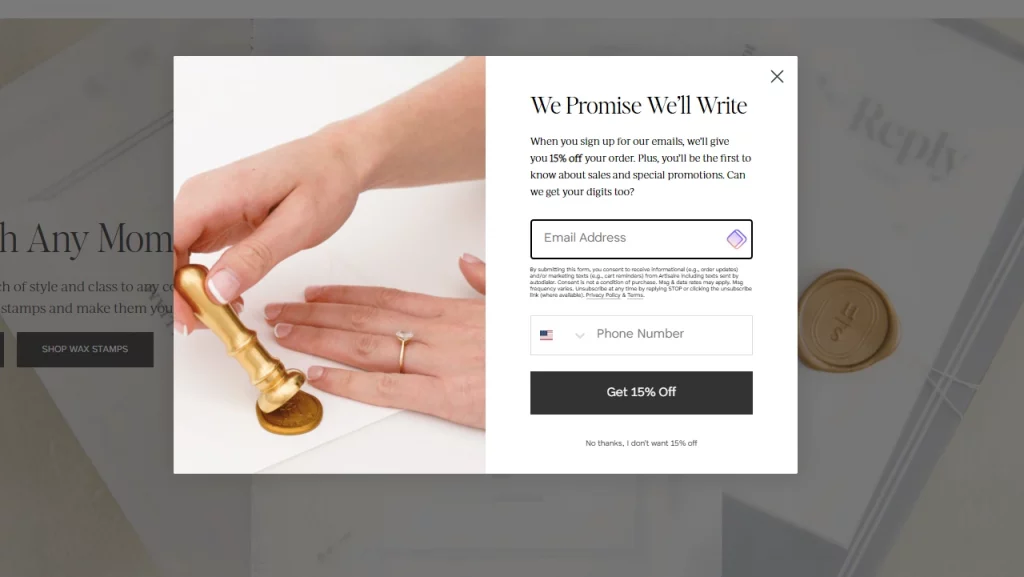 Artisaire's Shopify pop up as seen on their store. 
