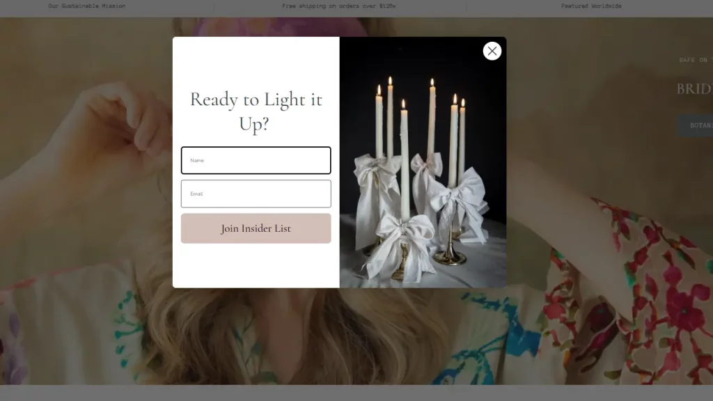 Silk and Willow's Shopify pop up as seen on their store. 