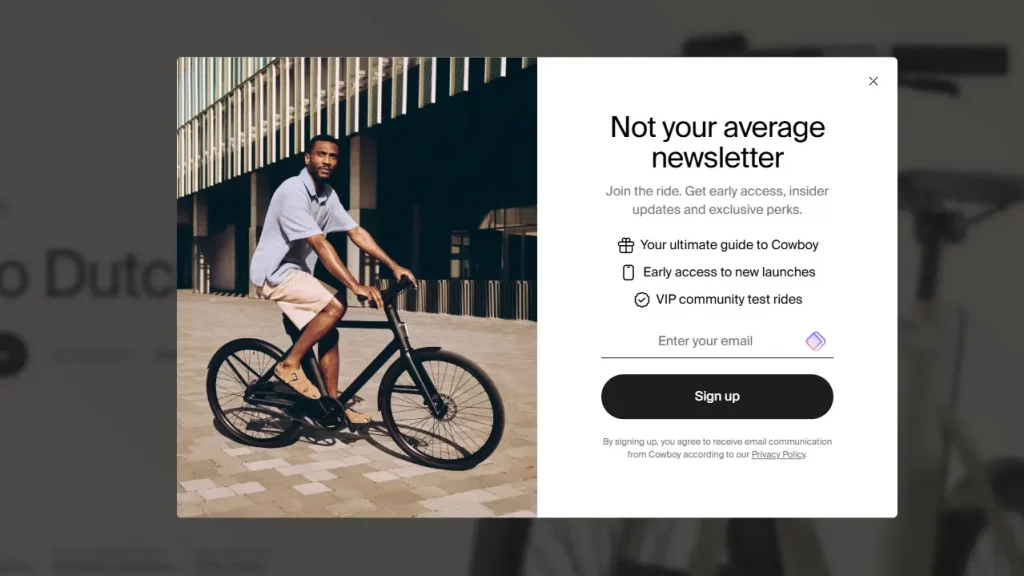 Cowboy's Shopify pop up as seen on their store. 