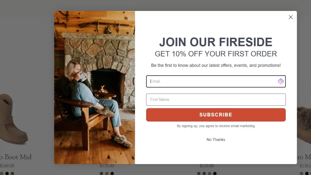The design of a website pop up from  Manitobah.
