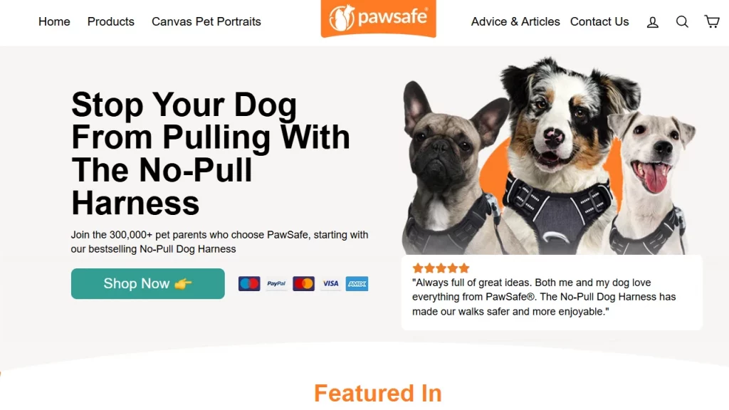 Homepage of Pawsafe, a Shopify pet store. 