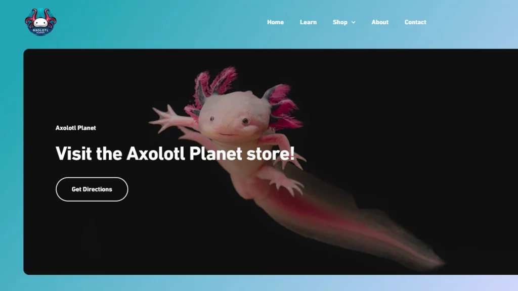 Homepage of Axolotl Planet, a Shopify pet store. 
