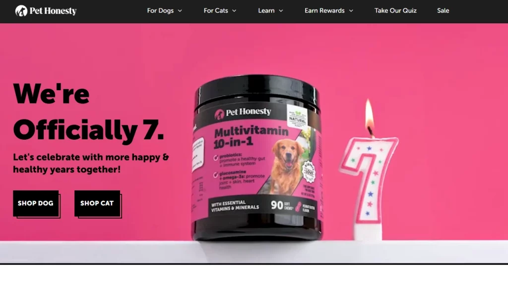 Pet Honesty's homepage, one of the best Shopify pet stores. 