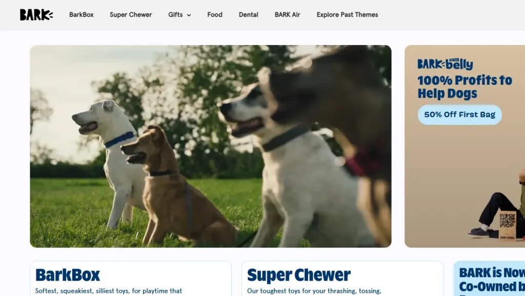 Bark's homepage, one of the best Shopify pet stores. 