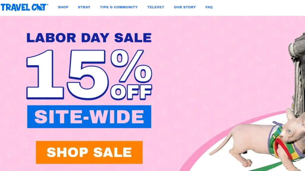 Travel Cat's homepage, one of the best Shopify pet stores. 