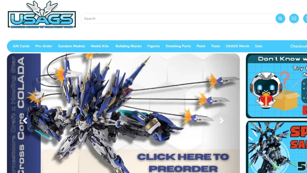 Homepage of USA Gundam Store, a popular Shopify art store.