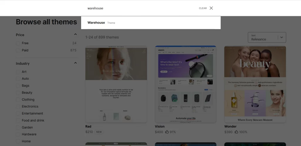 Install the Warehouse Theme on Shopify theme store 