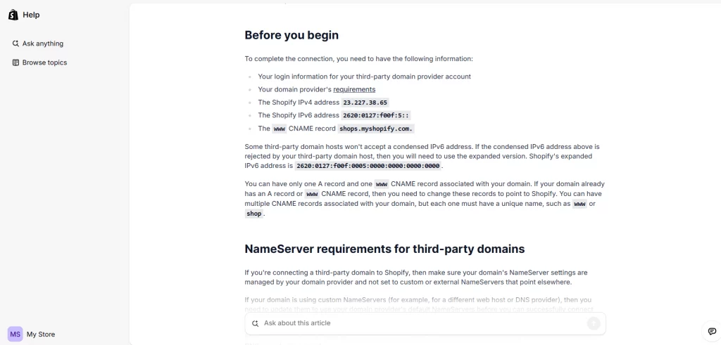 Shopify default IP addresses on help center document