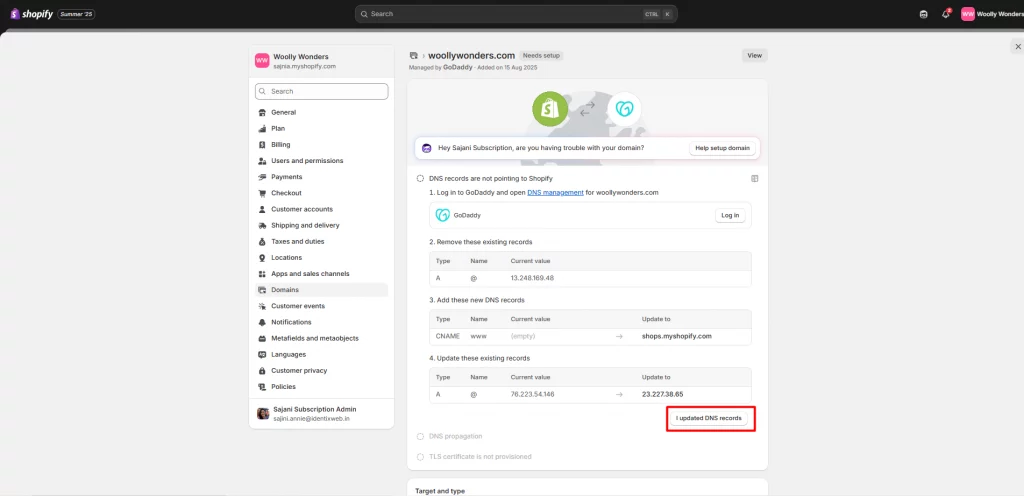  All DNS settings with A Record field 