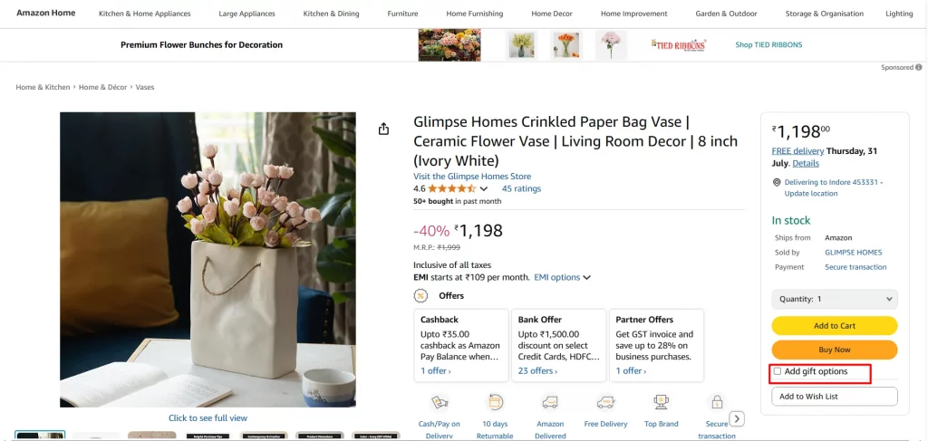 Add gift options available near add to cart button