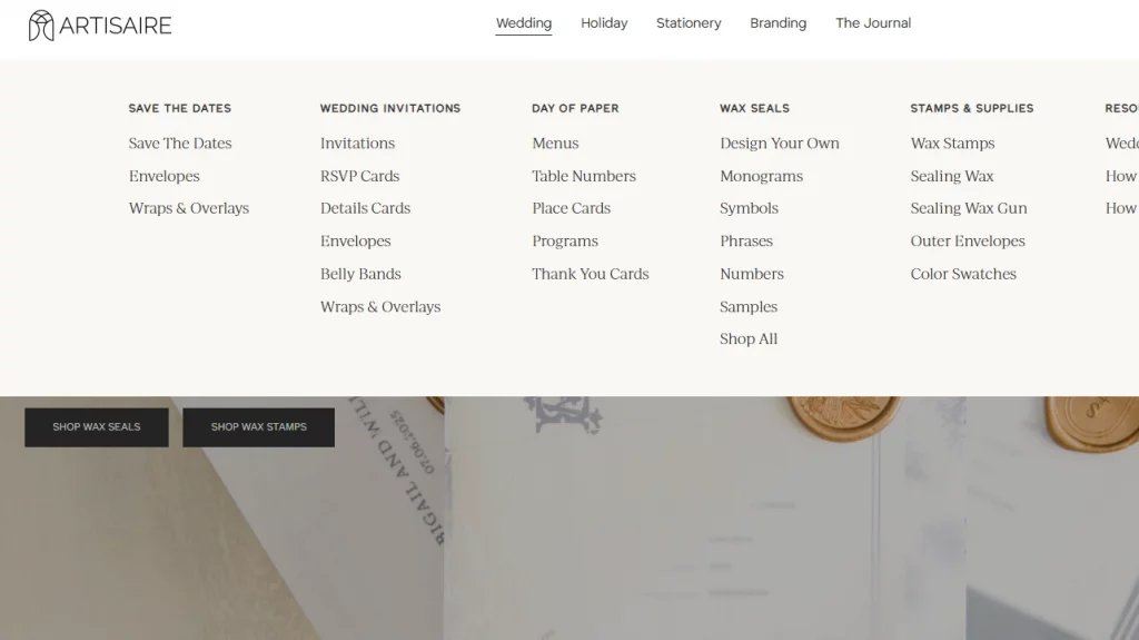 Artisaire is using a mega menu on their store. 