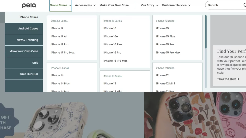A mega menu as seen on Pela Case. 