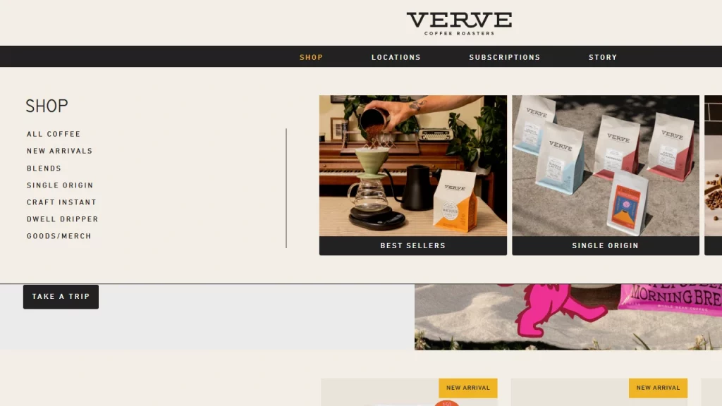 A mega menu as seen on Verve Coffee Coasters. 