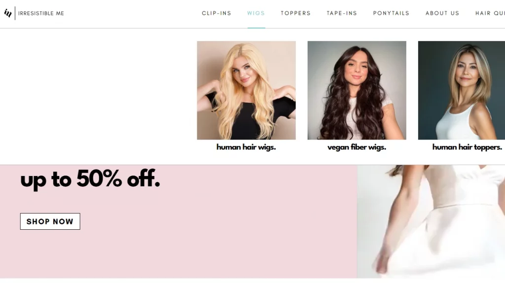 A mega menu as seen on Irresistible Me