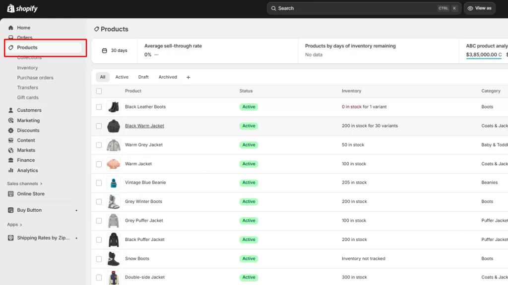 Products section in the Shopify admin panel. 
