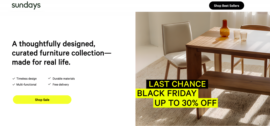 The brand 'Sundays' Black Friday Landing Page. 