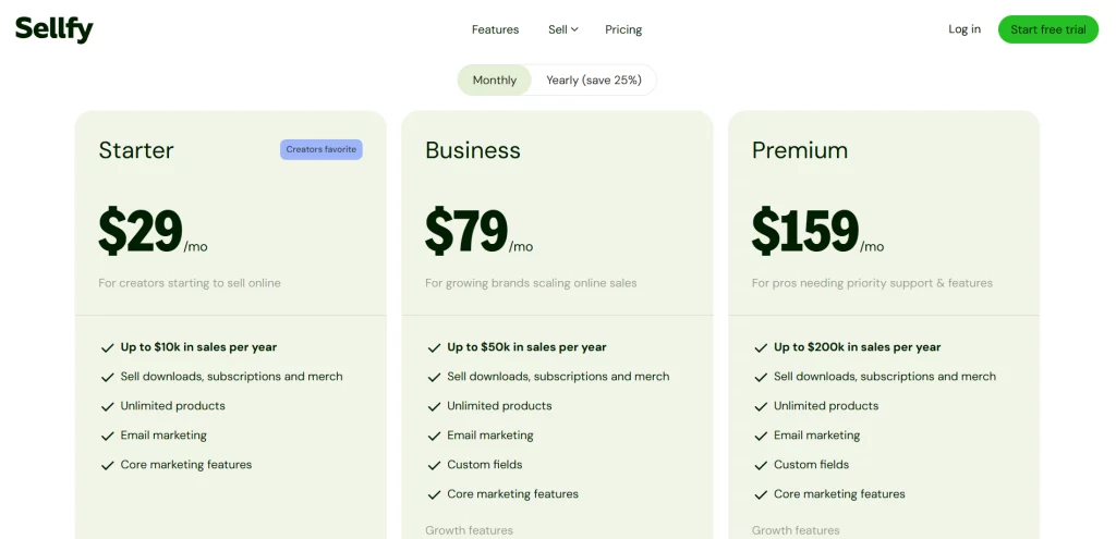 Sellfy pricing plans