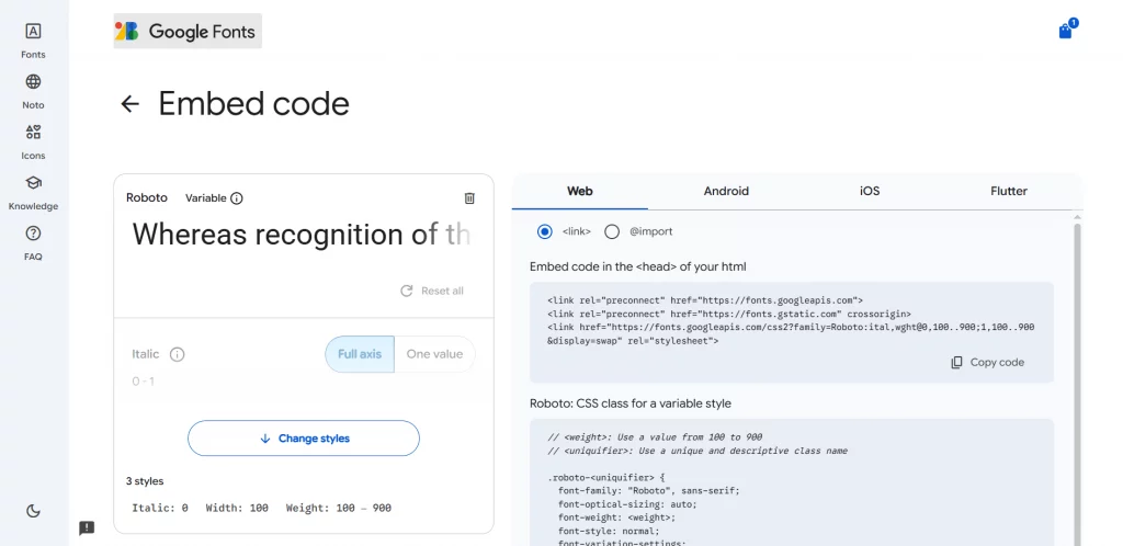 Code of font 