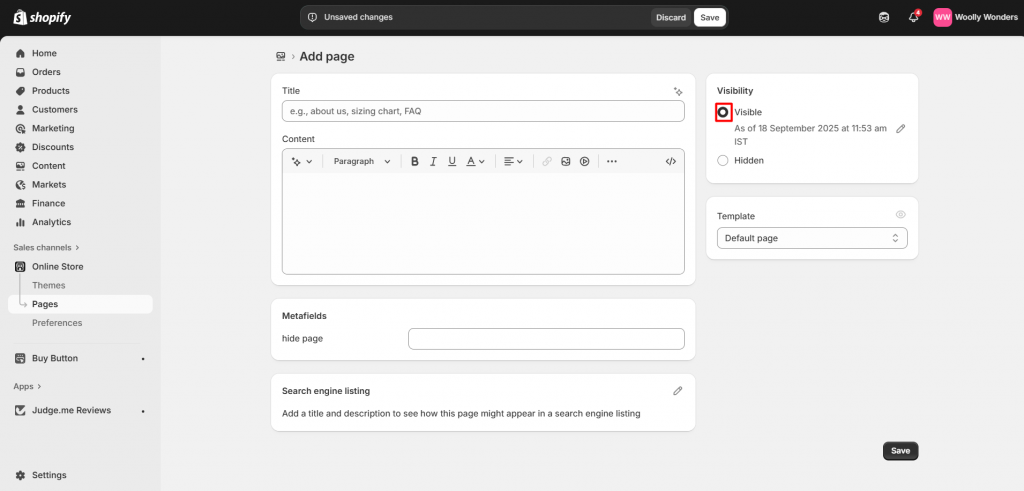 Adjust page visibility