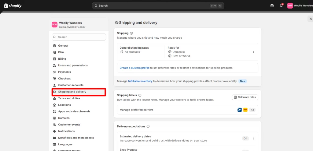 Shipping and delivery settings 