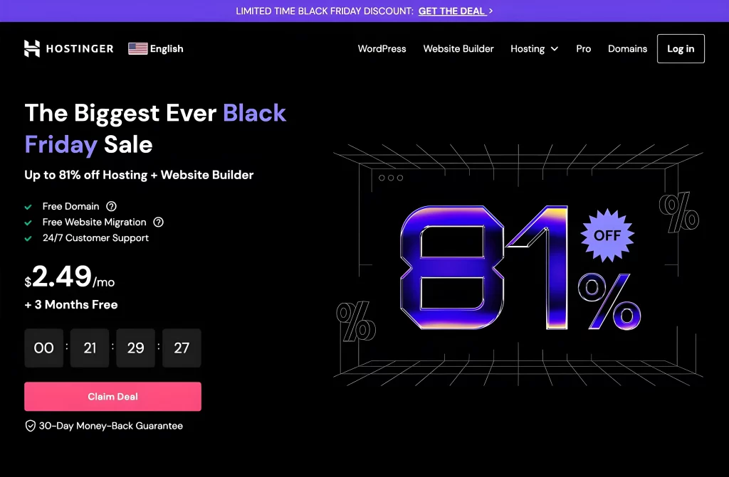Hostinger's Black Friday Landing Page. 