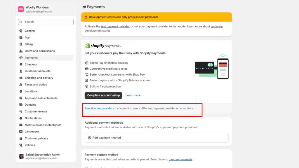 Click on See all other providers in Shopify Payments. 