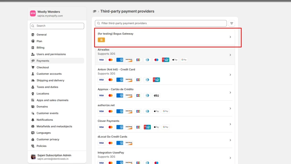 Select Bogus Gateway in the Third-party payment providers. 