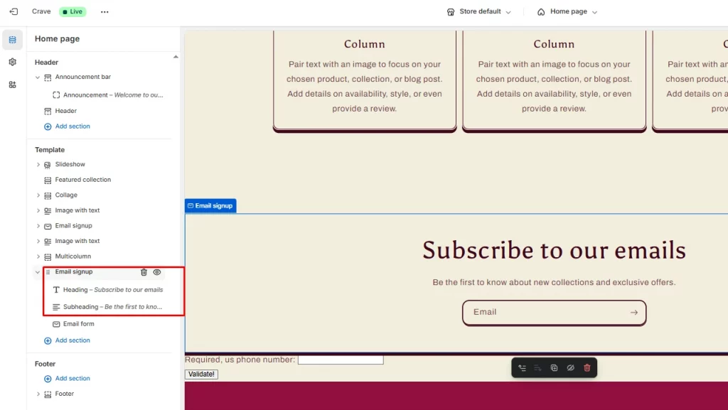 Email signup section in the Shopify theme