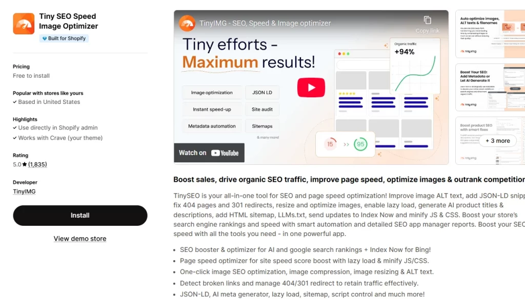 Tiny SEO Speed Image Optimizer, the Shopify app
