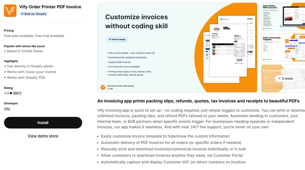 Vify Order Printer PDF Invoice Shopify app