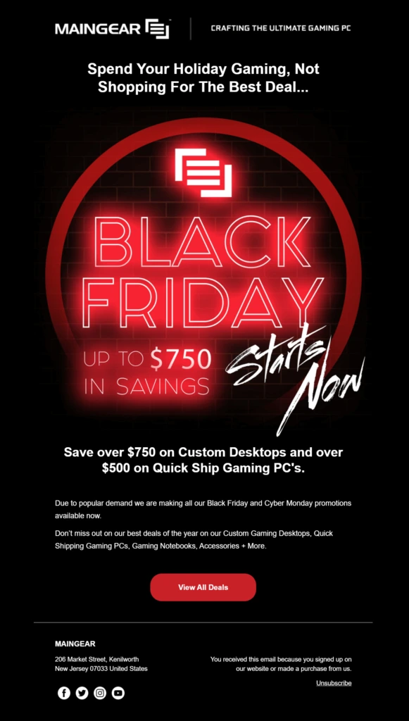 Black Friday email marketing campaign from Maingear. 