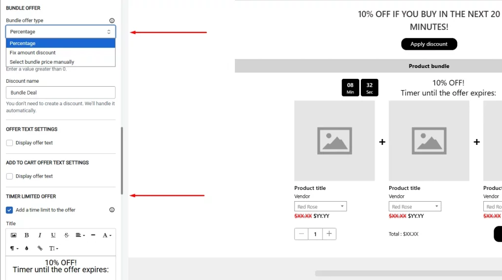 Bundle offer types and countdown settings in icart.