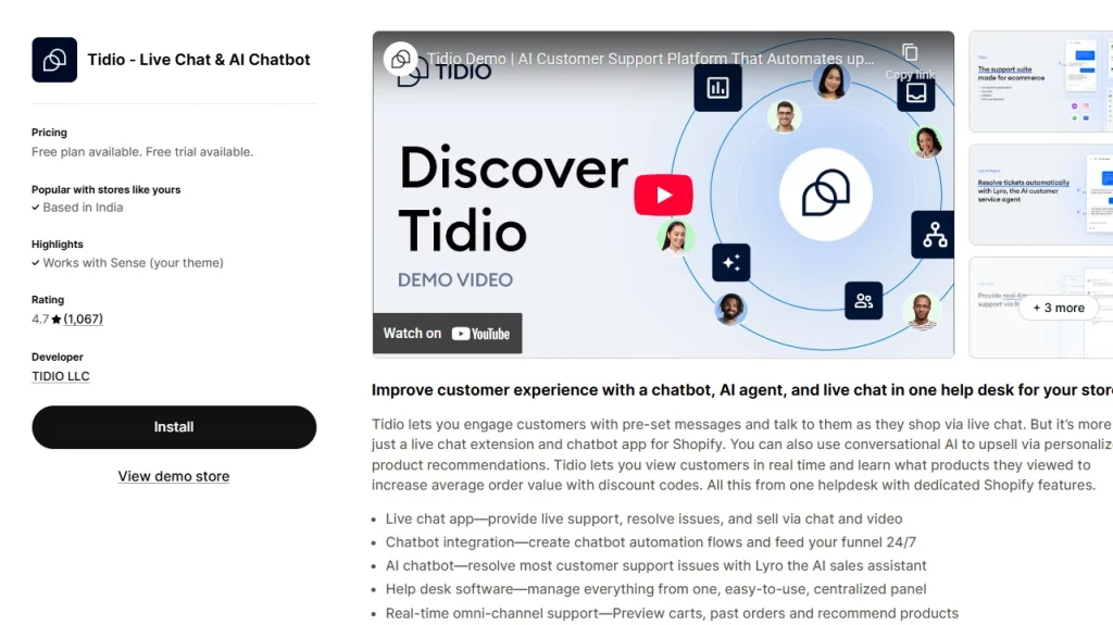 Tidio, AI chatbot Shopify app