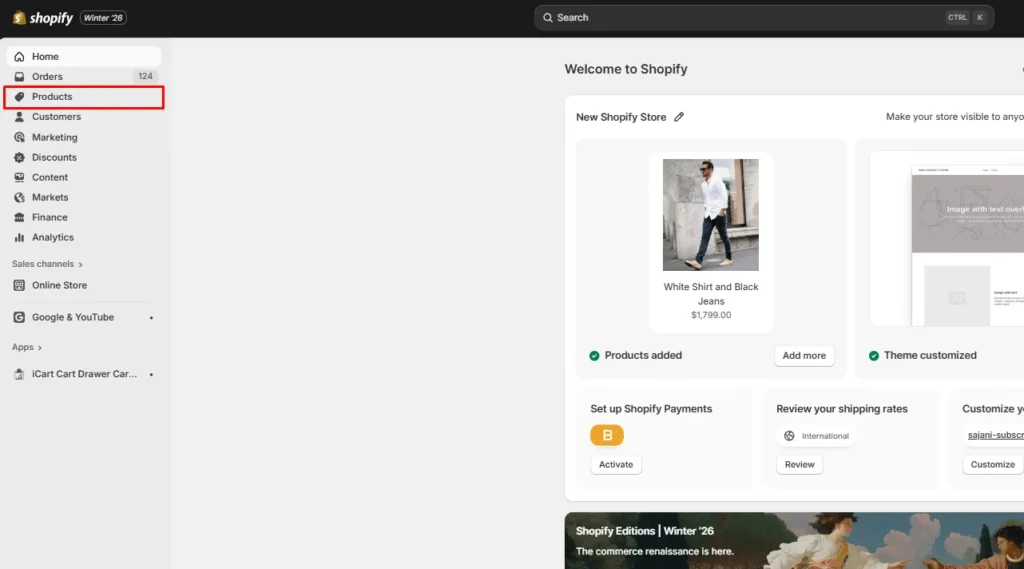 Click on products in the Shopify admin panel. Click on products in the Shopify admin panel.