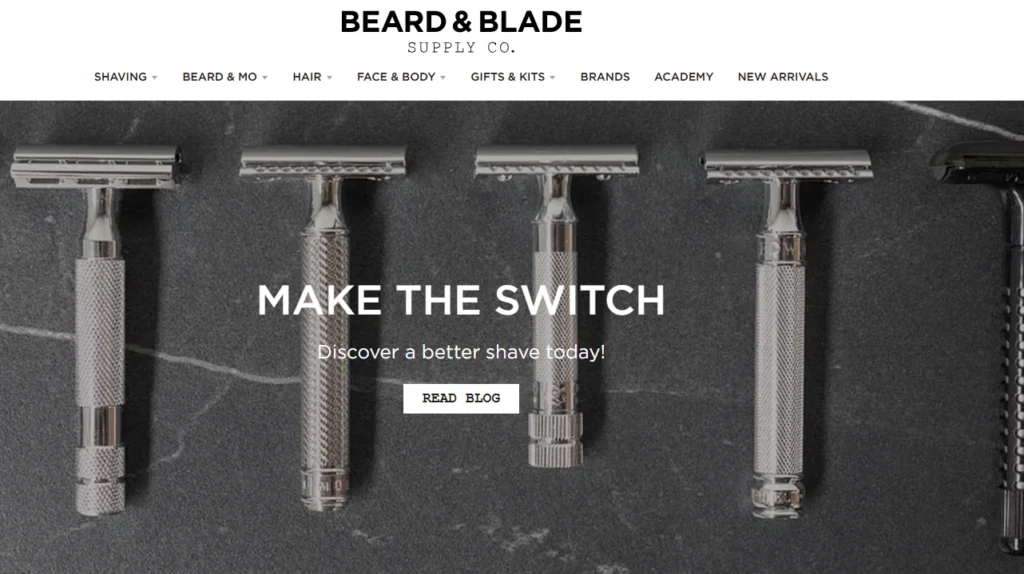 Beard & Blade, one of the stores using District theme Homepage of Beard & Blade