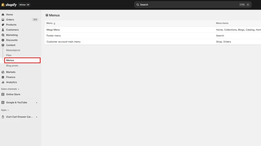 Navigate to Content > Menu in admin panel Navigate to Content > Menu in admin panel