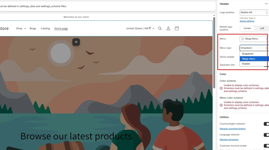 Menu section in Header settings Menu section in Header settings