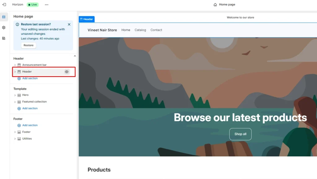 Hide the header in customization section.