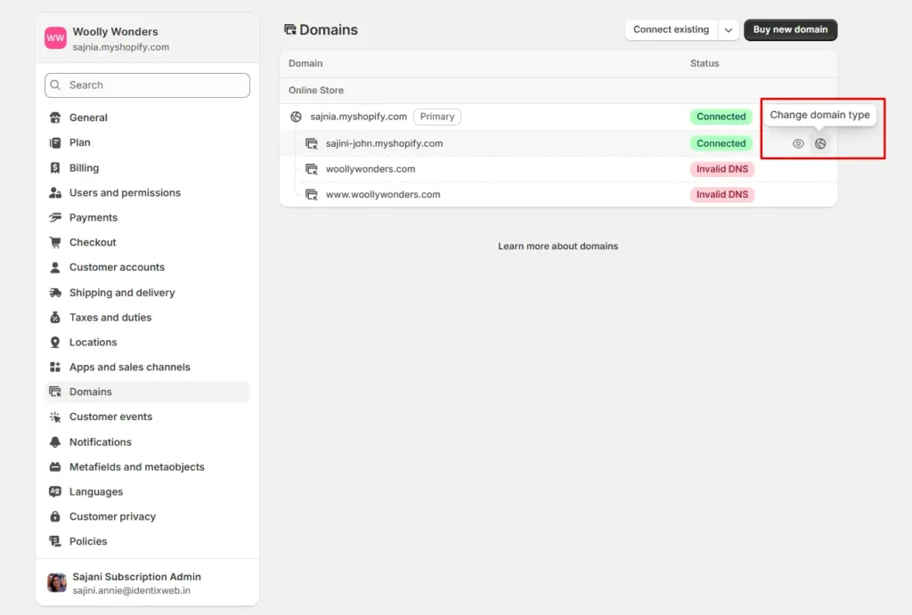 change domain type change domain type