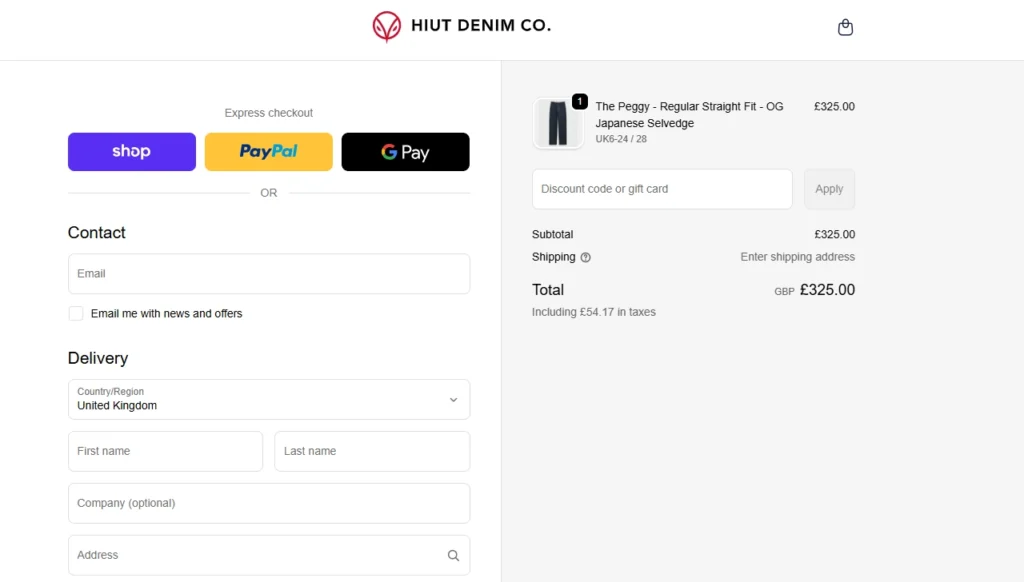 Hiut Denim CO. store's checkout page Hiut Denim CO. store's checkout page