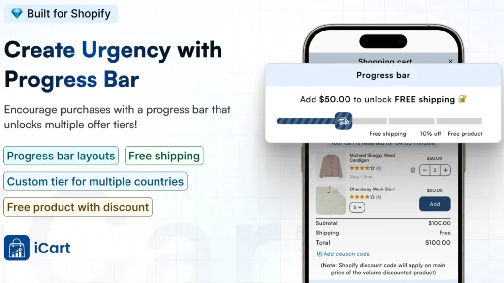 iCart has a progress bar feature to show free shipping iCart has a progress bar feature to show free shipping