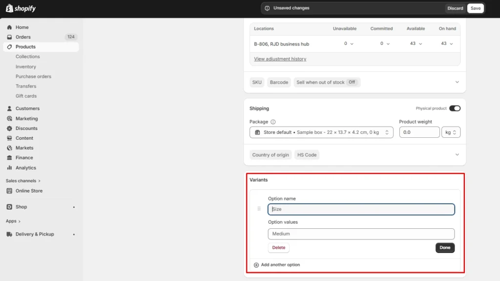 The variants option in Shopify Products section The variants option in Shopify Products section
