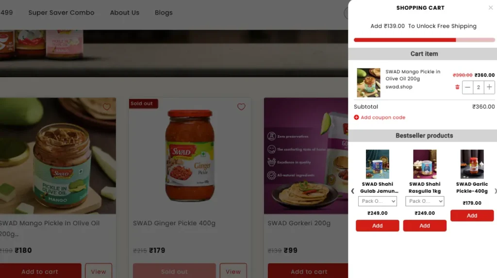 Swad, a Shopify food and beverage store, is using iCart Swad, a Shopify food and beverage store, is using iCart