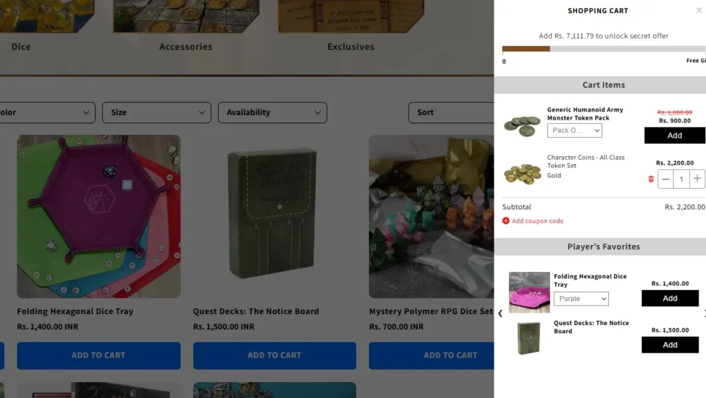 A Shopify store, Dice Dungeons, using iCart's cart drawer. A Shopify store, Dice Dungeons, using iCart's cart drawer.