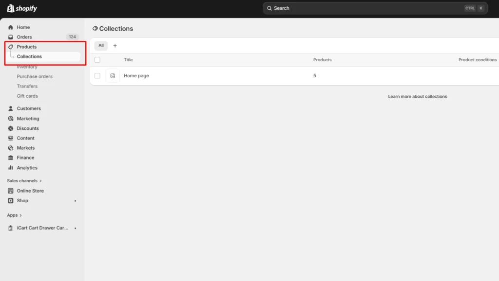 Add collections from the Products section. Add collections from the Products section.